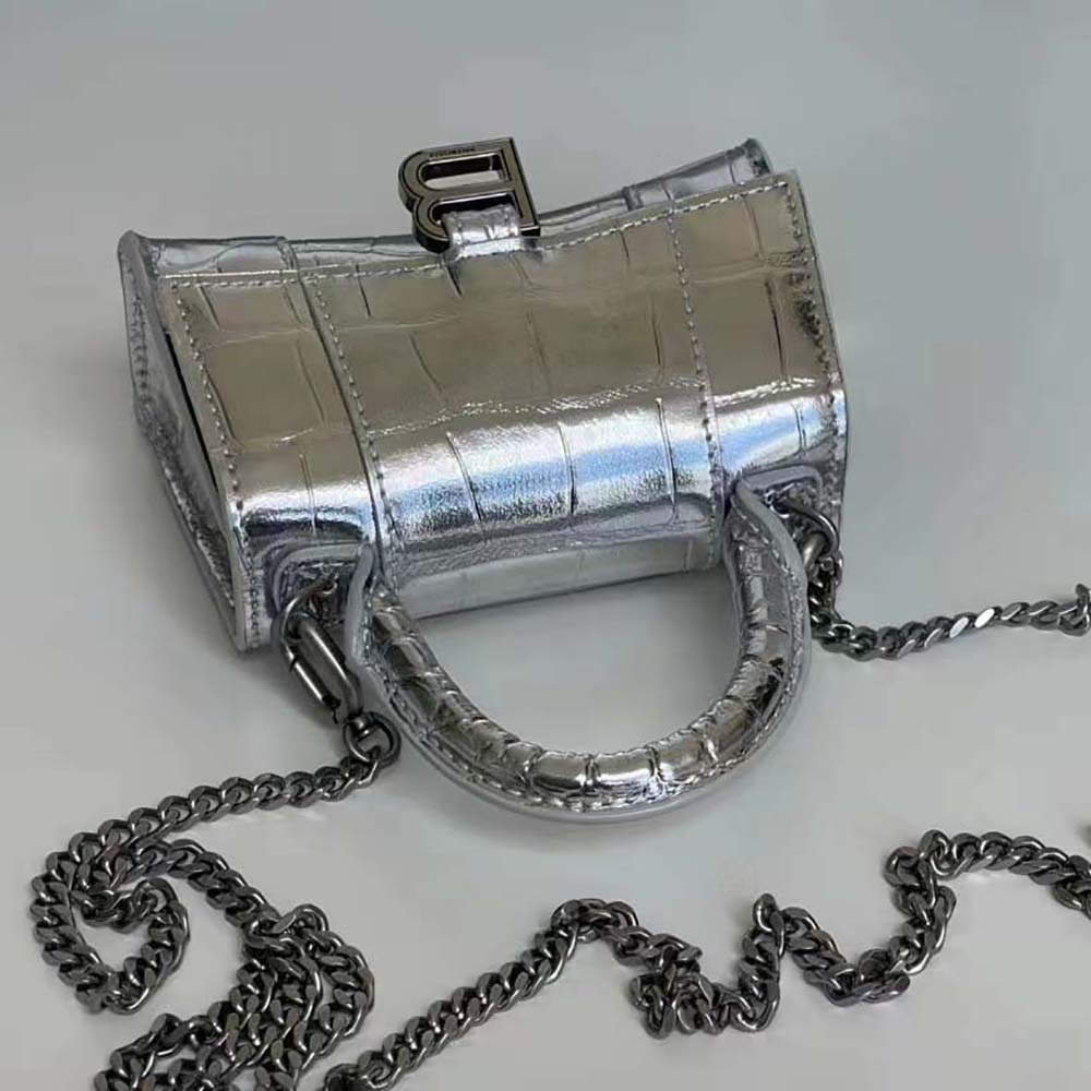 Balenciaga Women Hourglass Mini Top Handle Bag in Silver Crocodile Embossed Calfskin - image 6