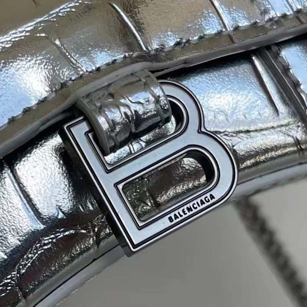 Balenciaga Women Hourglass Mini Top Handle Bag in Silver Crocodile Embossed Calfskin - image 8