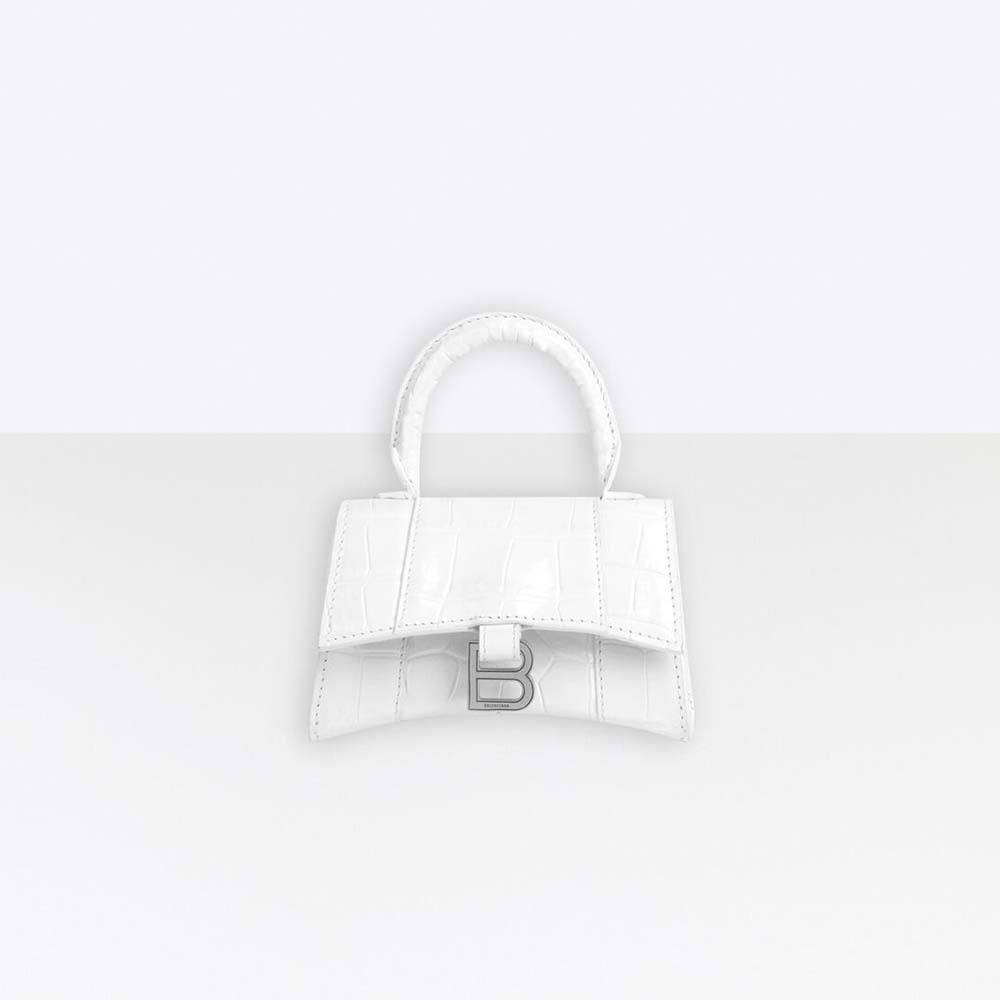 Front view of Balenciaga Women Hourglass Mini Top Handle Bag in white embossed calfskin