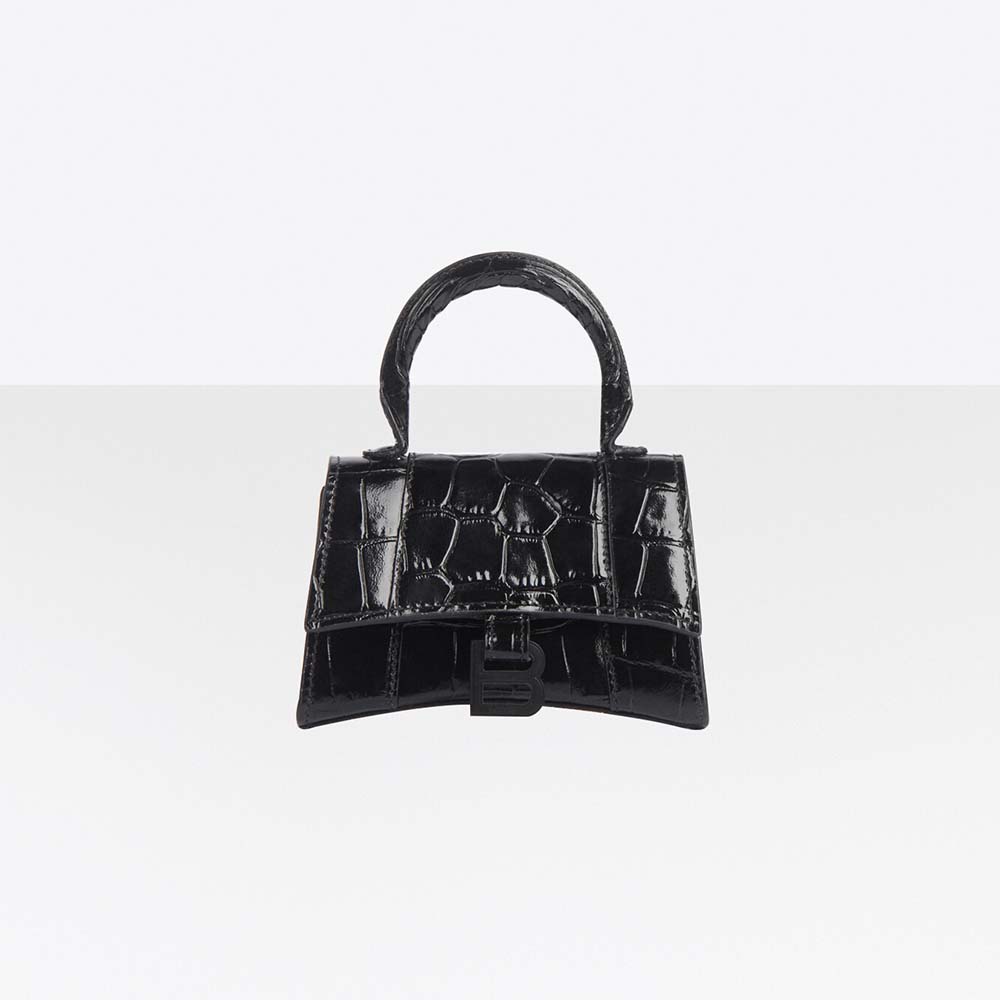 Front angle of Balenciaga Women Hourglass Mini Top Handle in black shiny crocodile calfskin