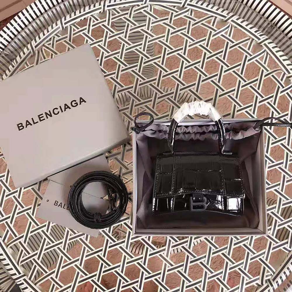 Close-up of silver hardware and crocodile pattern on Balenciaga Hourglass Mini bag
