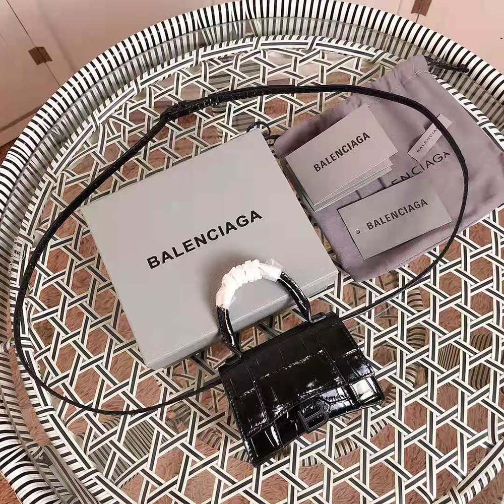 Balenciaga Women Hourglass Mini Top Handle in Black Shiny Crocodile Embossed Calfskin - image 5