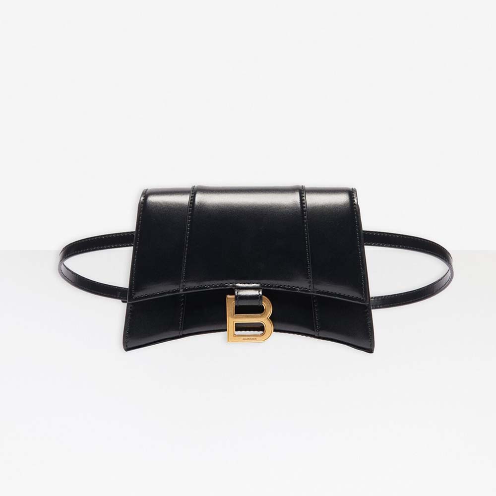 Front view of Balenciaga Women Hourglass Small Beltbag in black shiny box calfskin