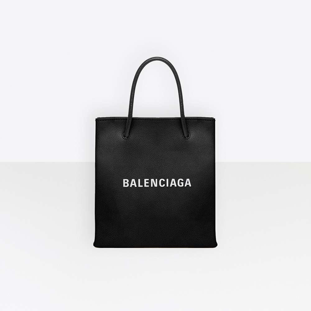 Front view of Balenciaga Women Shopping XXS North South Tote Bag in black calfskin