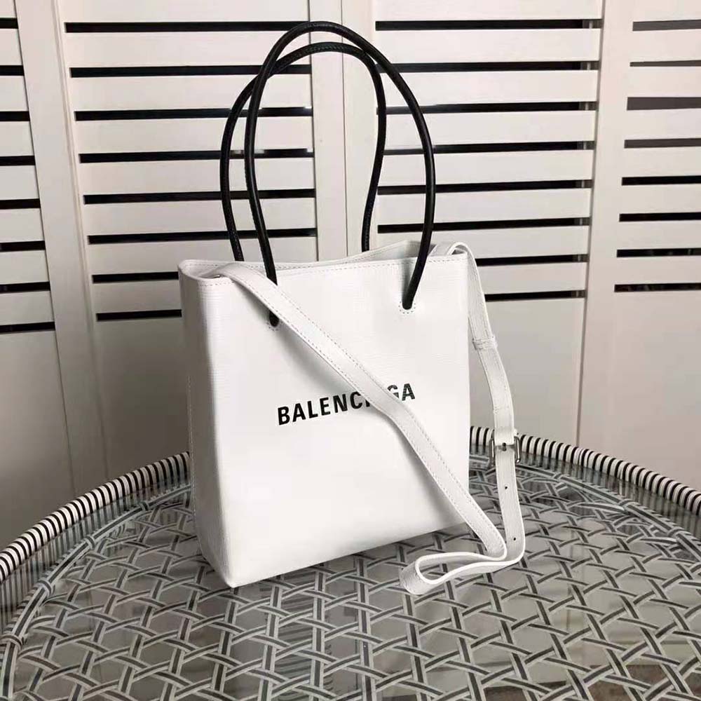 Side angle showing silver hardware on Balenciaga XXS North South Tote
