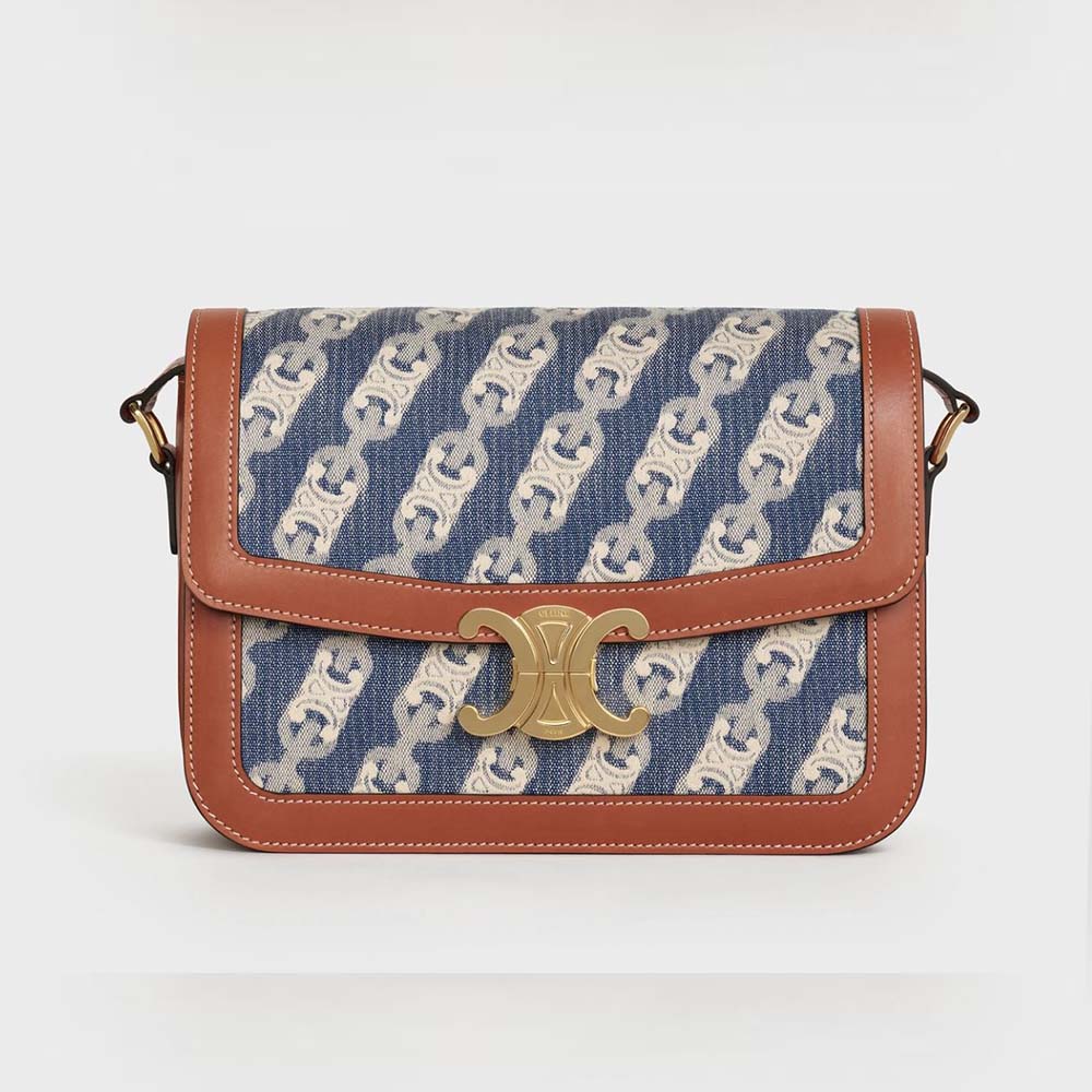 Front view of Celine Women Medium Triomphe Bag in blue jacquard