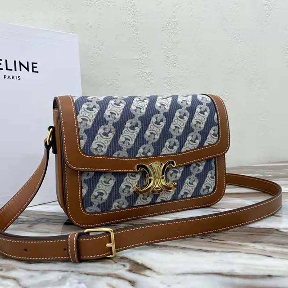 Side profile showing natural calfskin trim on Celine Medium Triomphe Bag