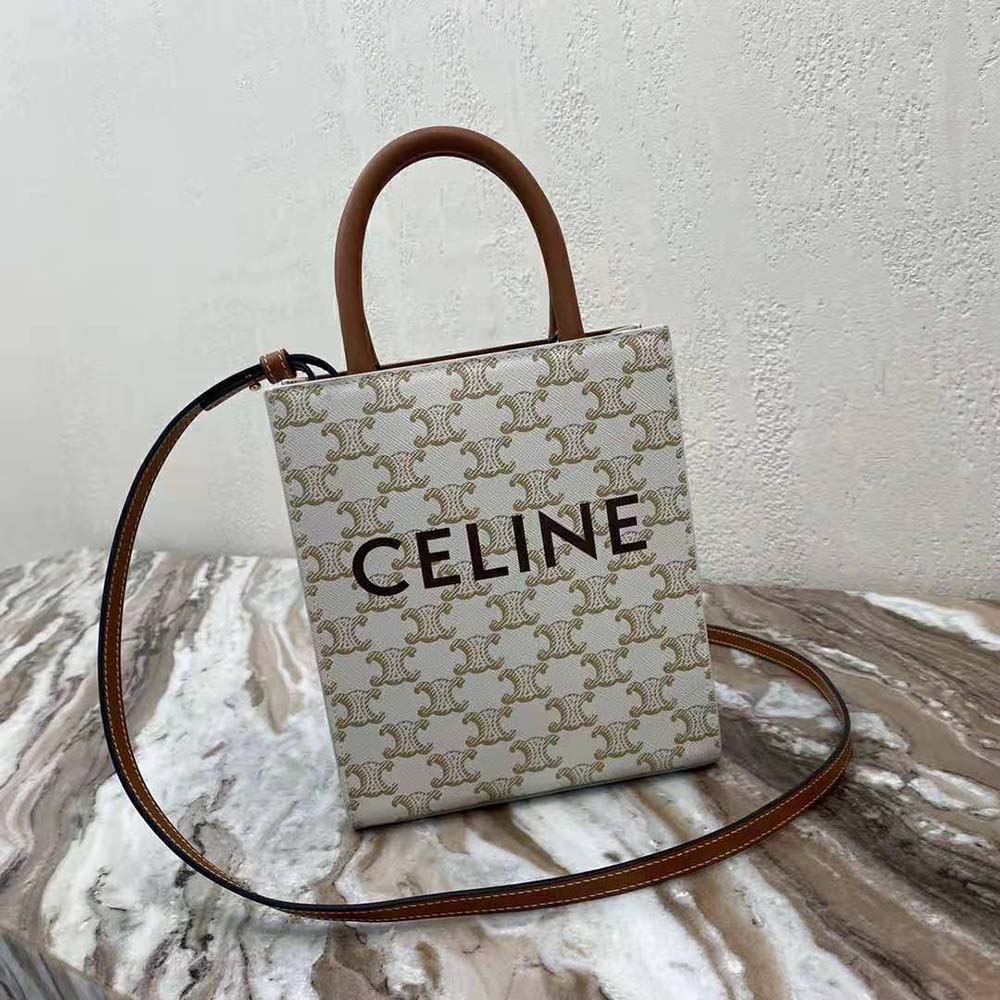 Close-up of Celine print and gold hardware on mini vertical cabas