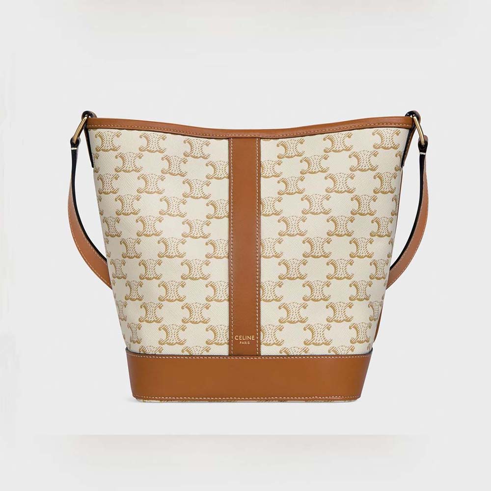 Front view of Celine Women Small Bucket in beige Triomphe canvas