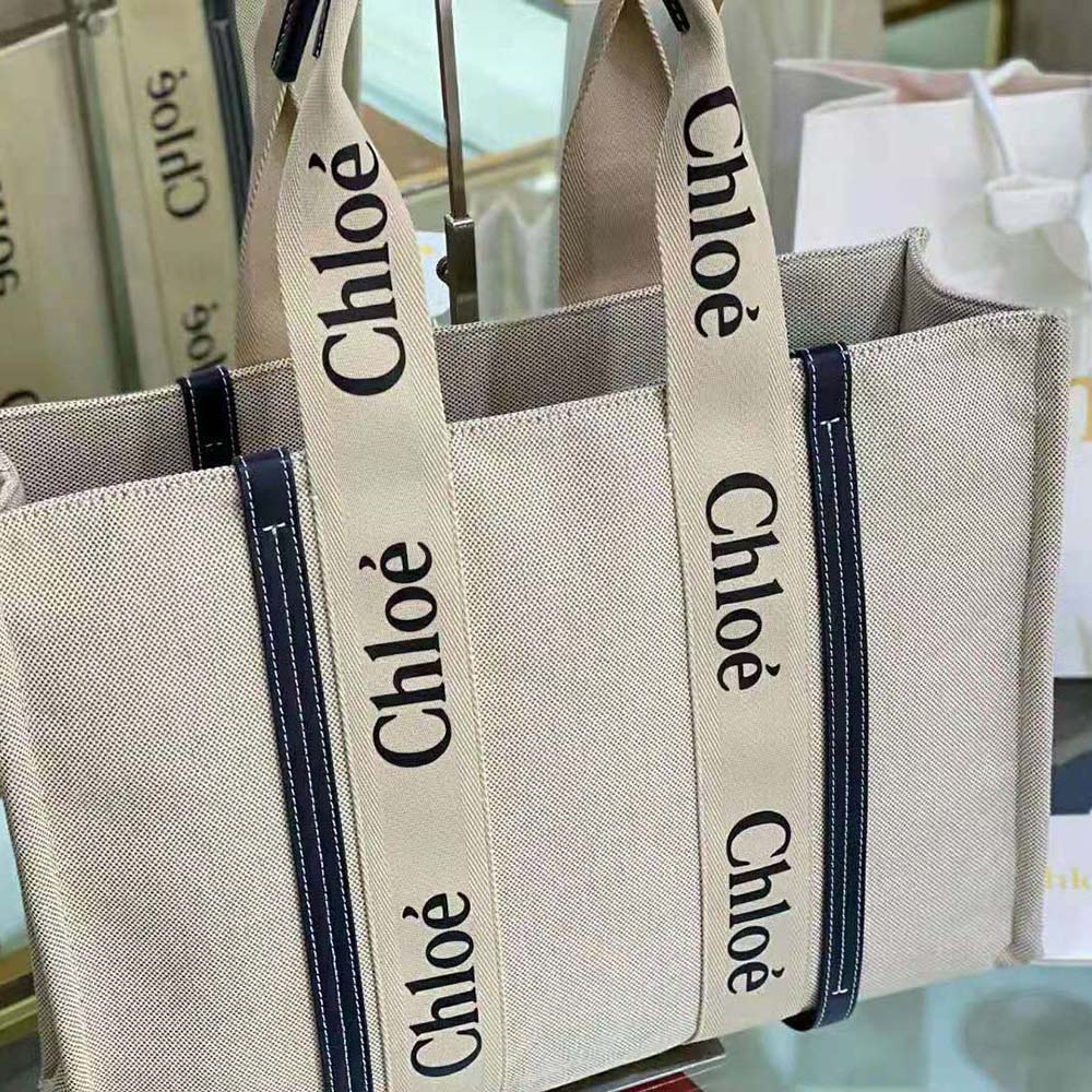 Chloe Women Large Woody Tote Bag in Cotton Canvas and Shiny Calfskin with Woody Ribbo - image 4