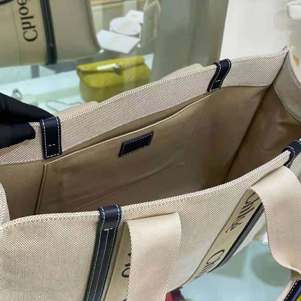 Chloe Women Large Woody Tote Bag in Cotton Canvas and Shiny Calfskin with Woody Ribbo - image 9