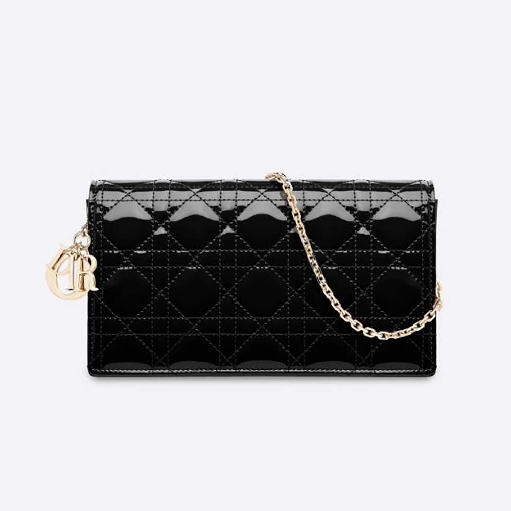 Front view of Dior Lady Dior Pouch Patent Cannage Calfskin-Black