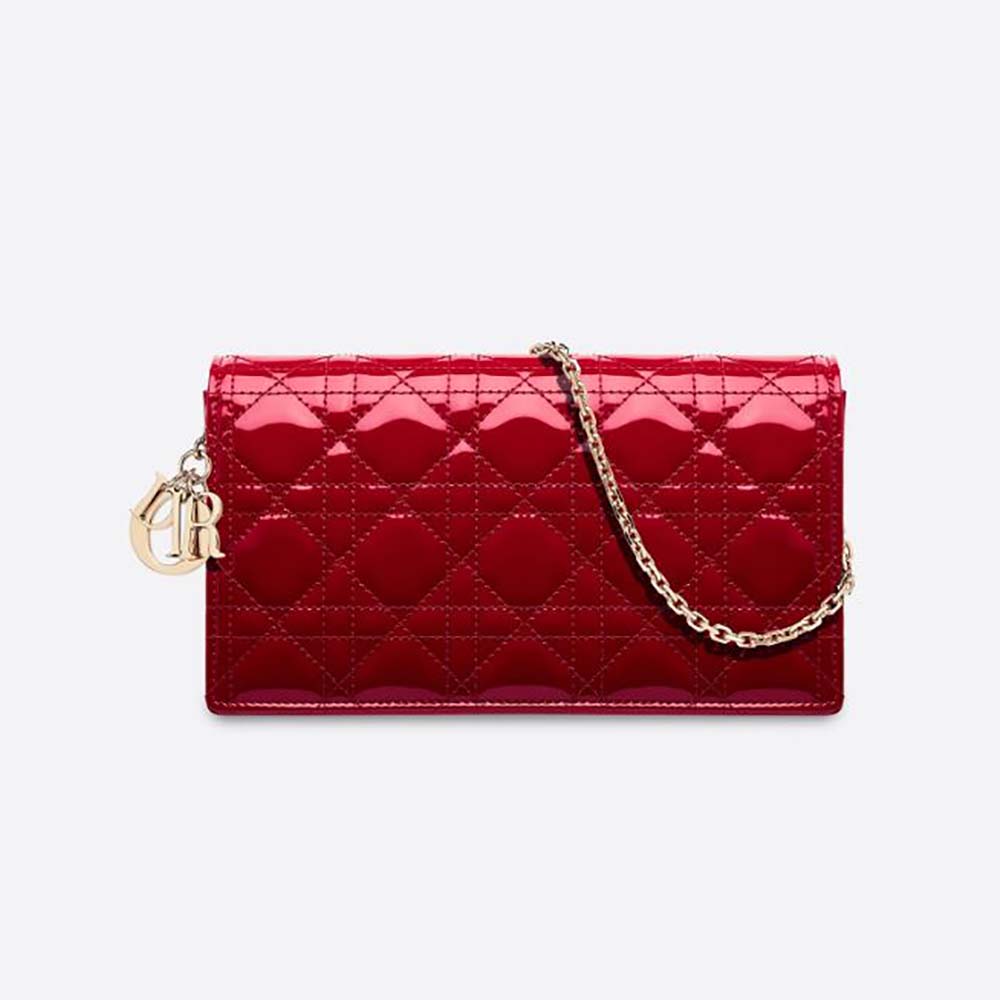 Front angle view of Dior Lady Dior Pouch Patent Cannage Calfskin-Red