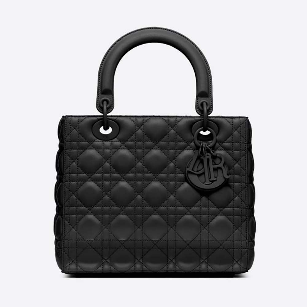Front view of Dior Women Medium Lady Dior Bag Black Ultramatte Cannage Calfskin