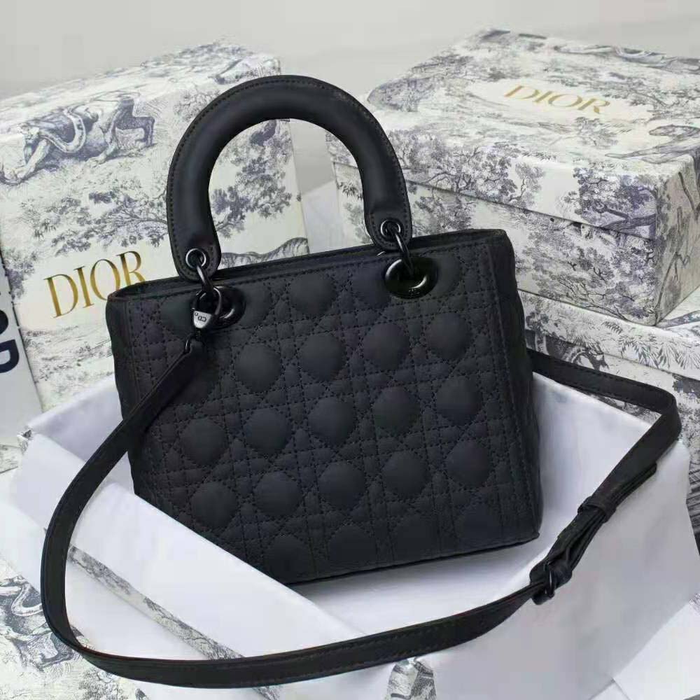 Side angle showing silver hardware on Dior Women Medium Lady Dior Bag