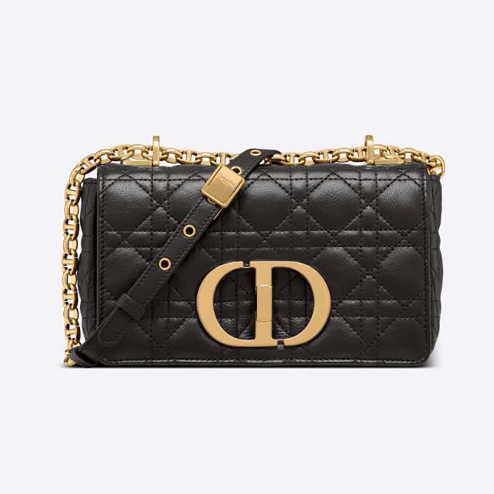 Front view of Dior Women Small Dior Caro Bag Ivory Supple Cannage Calfskin-Black