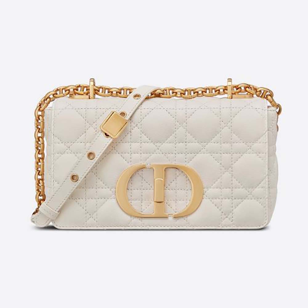 Front view of Dior Women Small Dior Caro Bag Ivory Supple Cannage Calfskin-White