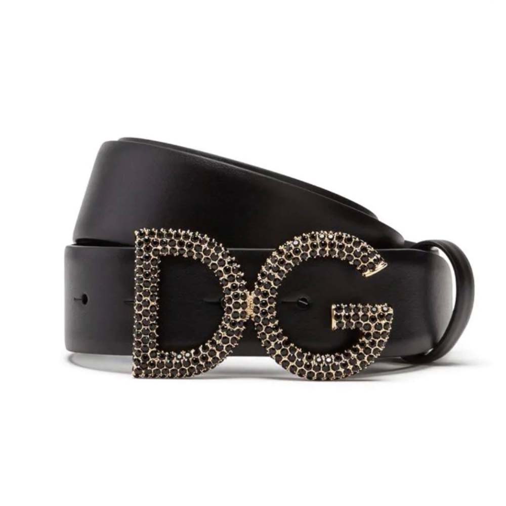 Front view of Dolce Gabbana D&G Women Crystal-embellished Leather Belt-Black