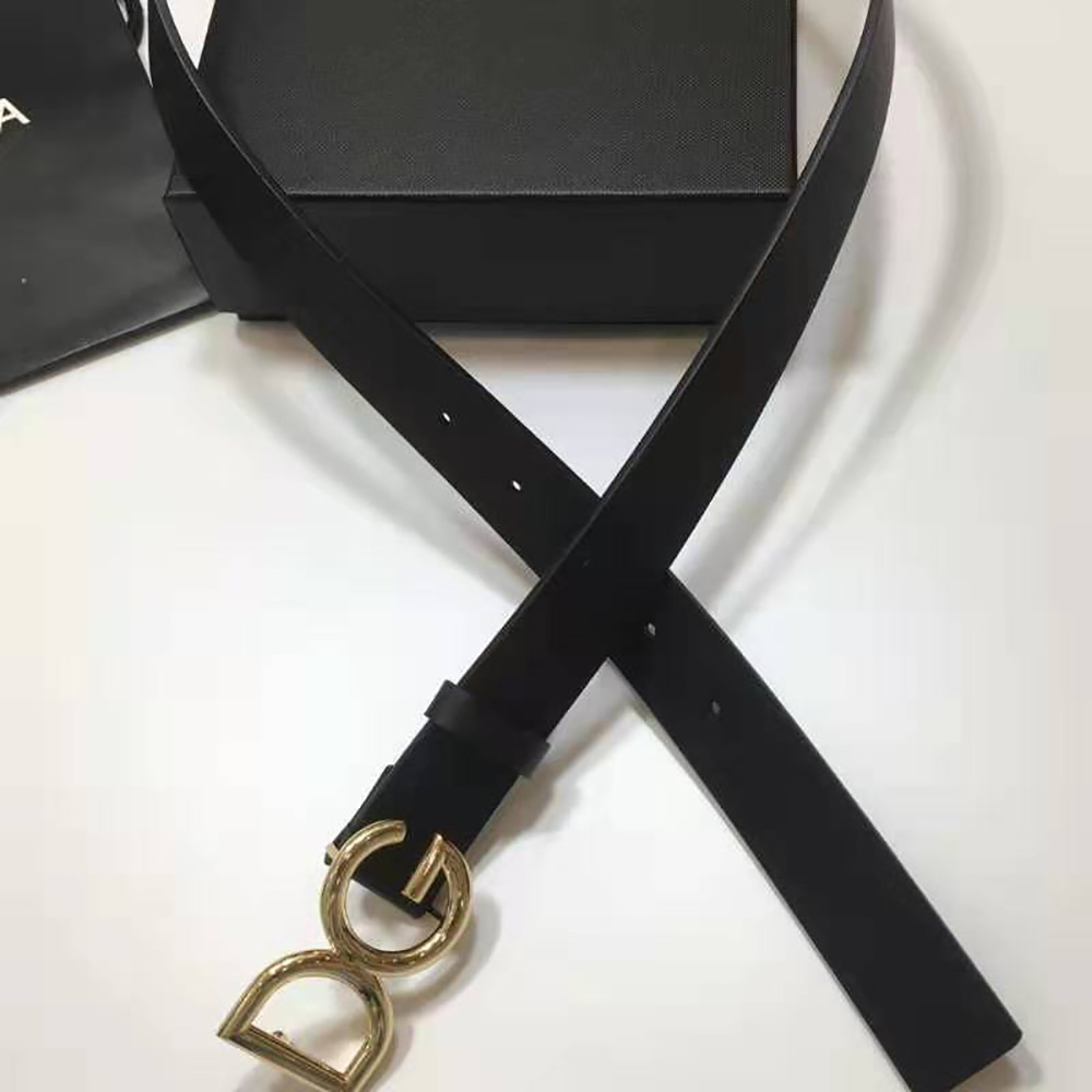 Side profile showing slim silhouette of Dolce Gabbana D&G Women Dauphine Calfskin Belt-Black