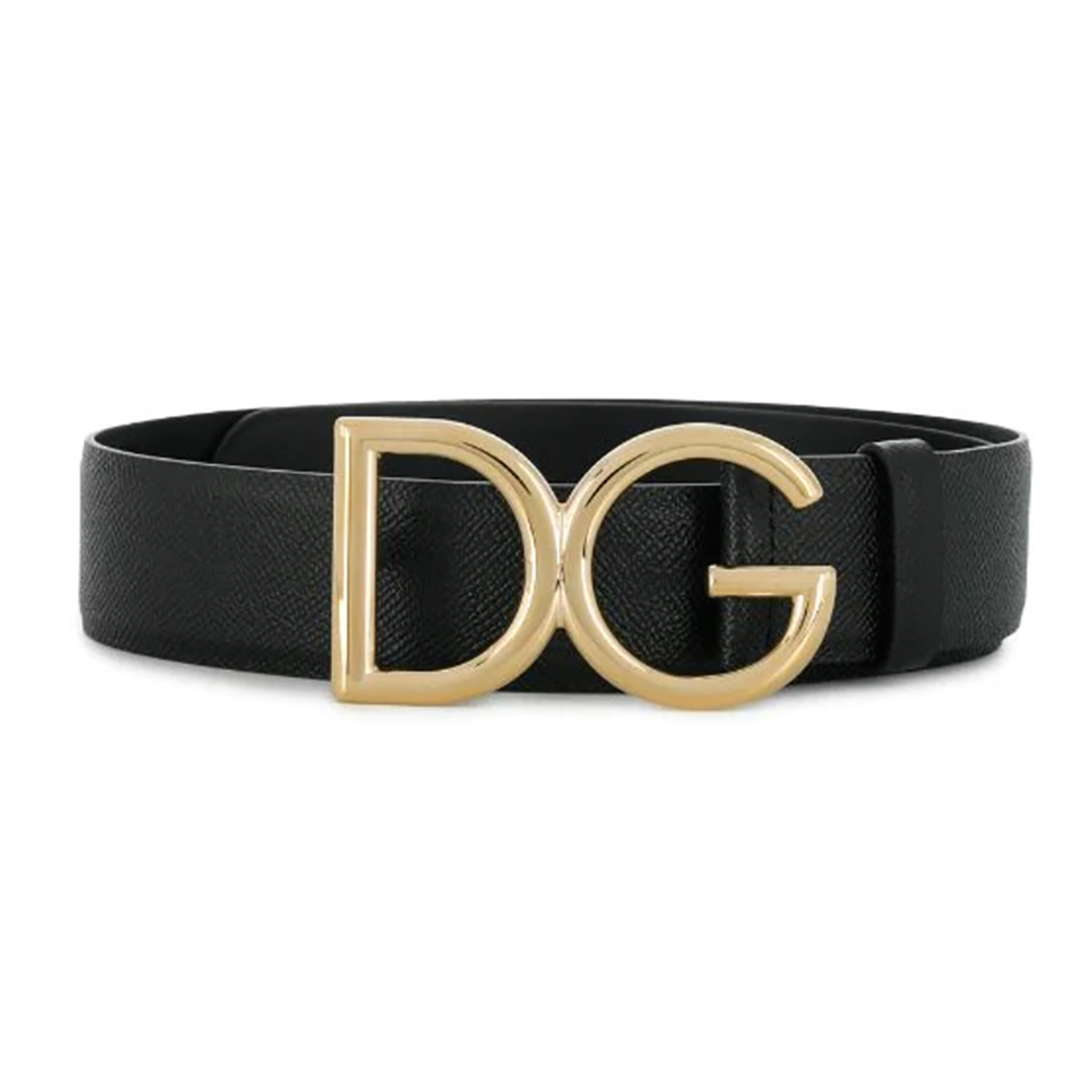 Front view of Dolce Gabbana D&G Women Dauphine Calfskin Belt-Black with gold buckle