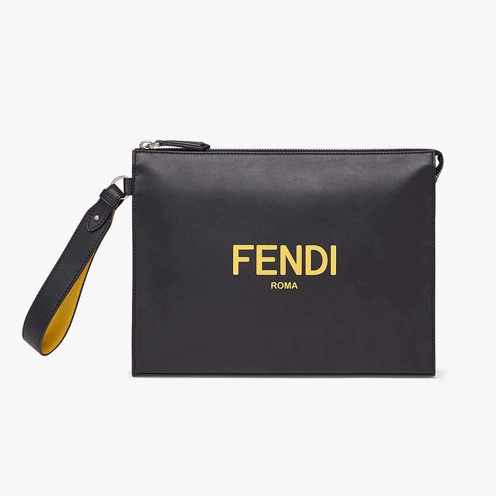 Front view of Fendi Men Flat Pouch Black Leather Pouch showing zip closure