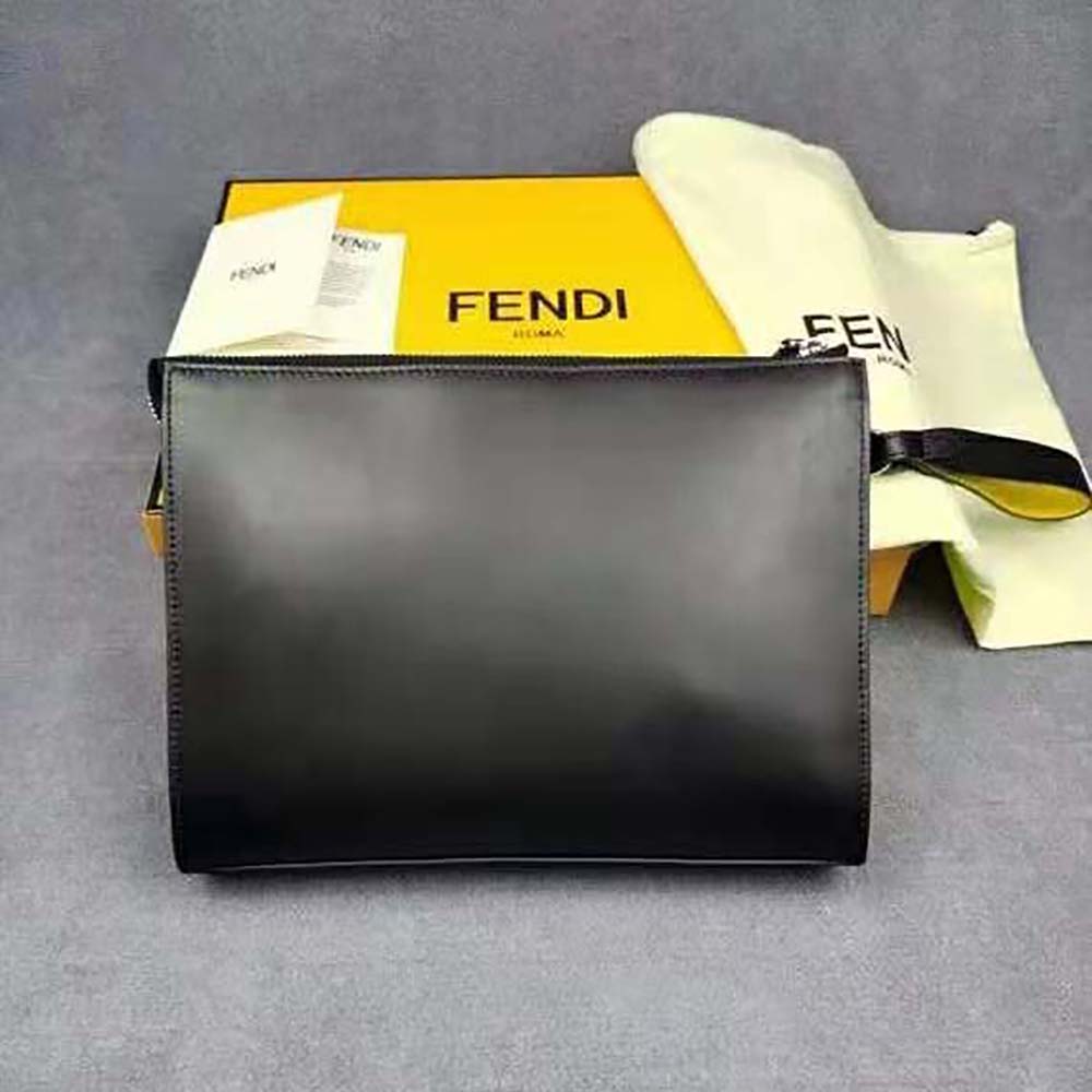 Side angle of Fendi Men Flat Pouch Black Leather Pouch highlighting slim silhouette