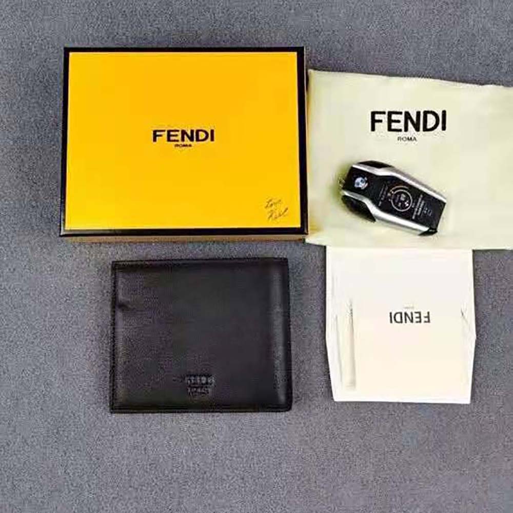 Side angle showing slim profile of Fendi Men Wallet Black Leather Horizontal Wallet