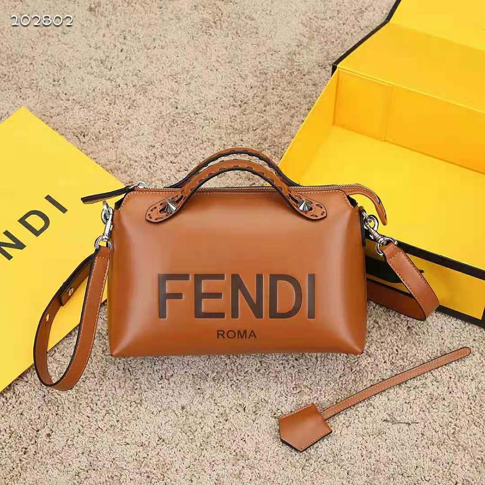 Close-up of gold hardware on Fendi Women Medium by the way Brown Leather Boston Bag