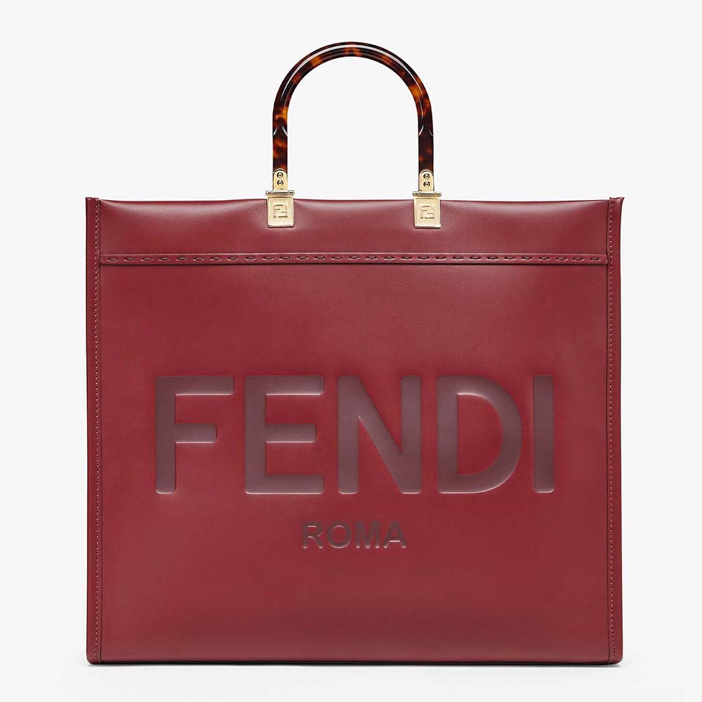 Front view of Fendi Women Sunshine Shopper Burgundy Leather Shopper-Maroon
