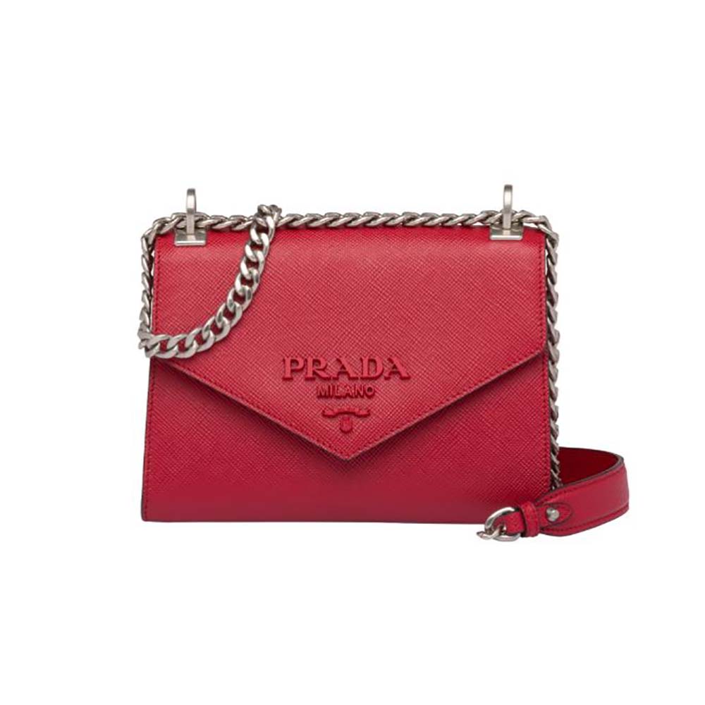 Front view of Prada Women Saffiano Leather Prada Monochrome Bag-Red