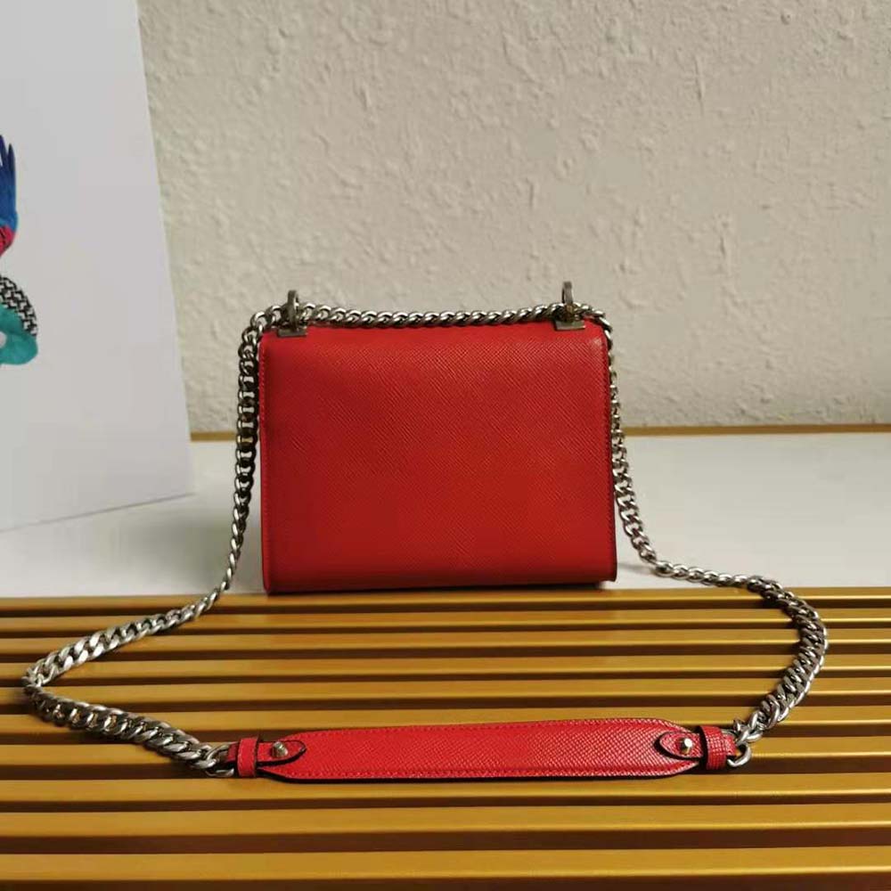 Side profile showing adjustable strap of Prada Women Saffiano Leather Prada Monochrome Bag-Red