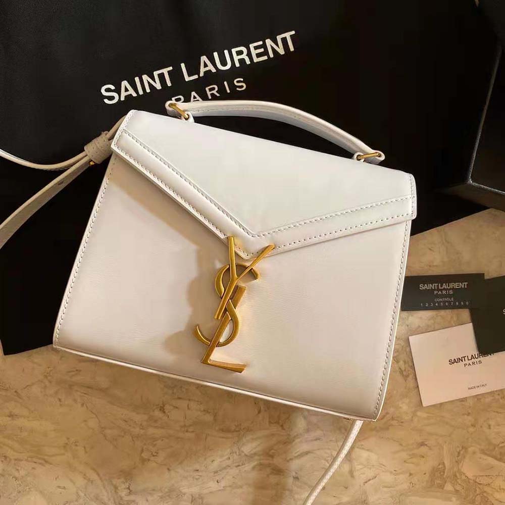 Side angle showing embossed grain texture on Saint Laurent Cassandra Mini bag
