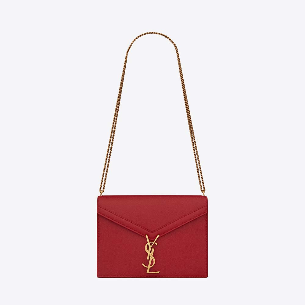 Front view of Saint Laurent YSL Women Cassandra Monogram Clasp Bag in red embossed leather