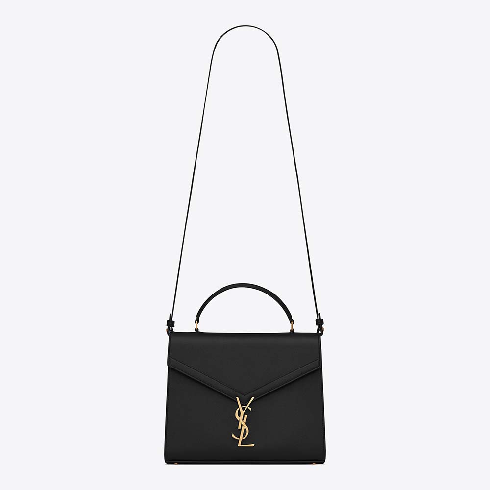 Front view of Saint Laurent YSL Women Cassandra Top Handle Medium Bag black leather