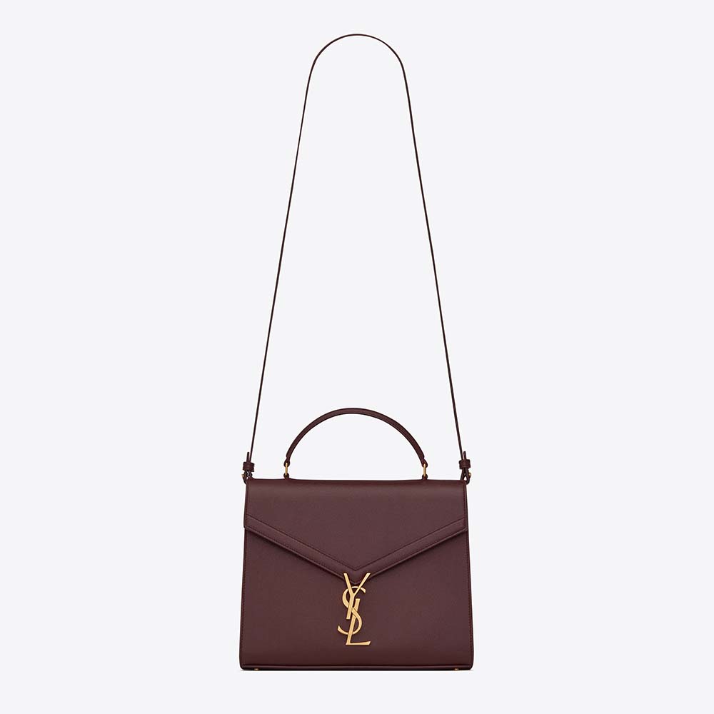 Front view of Saint Laurent YSL Women Cassandra Top Handle Medium Bag maroon