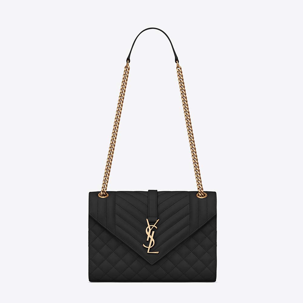 Front view of Saint Laurent YSL Women Envelope Medium Bag in black leather