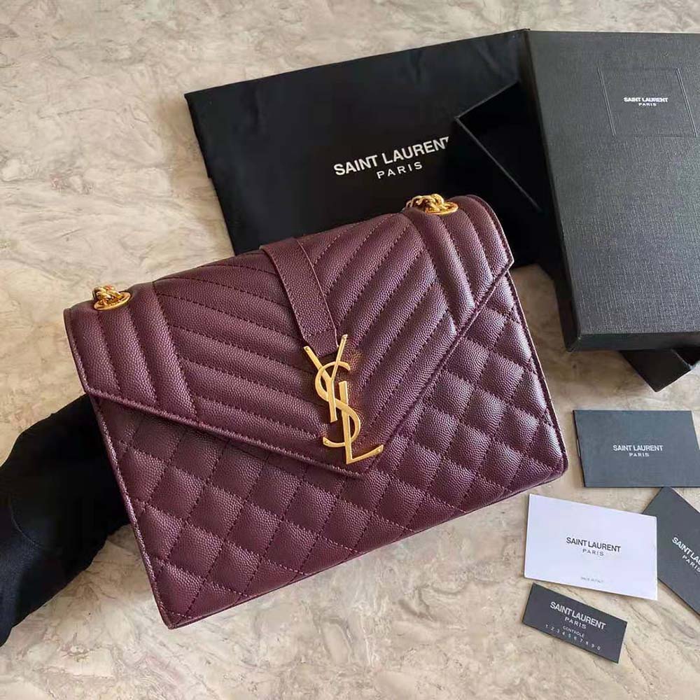 Saint Laurent YSL Women Envelope Medium Bag in Mix Matelasse Grain DE Poudre Embossed Leather-Maroon - image 2