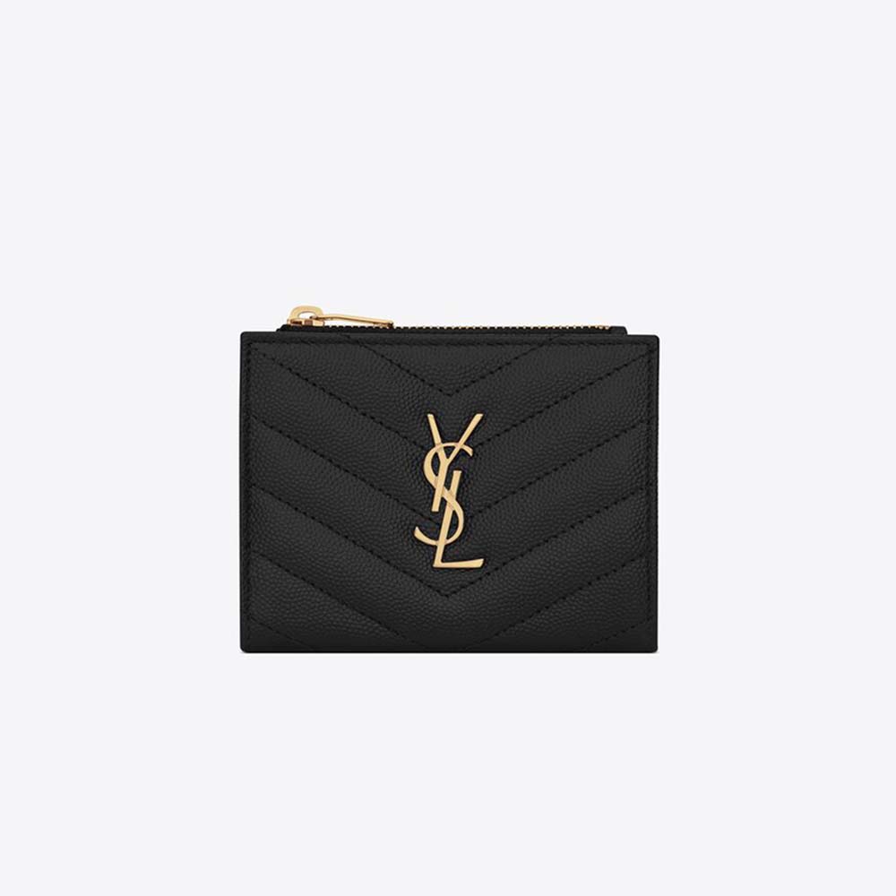 Front view of Saint Laurent YSL Women Monogram Zipped Card Case black leather