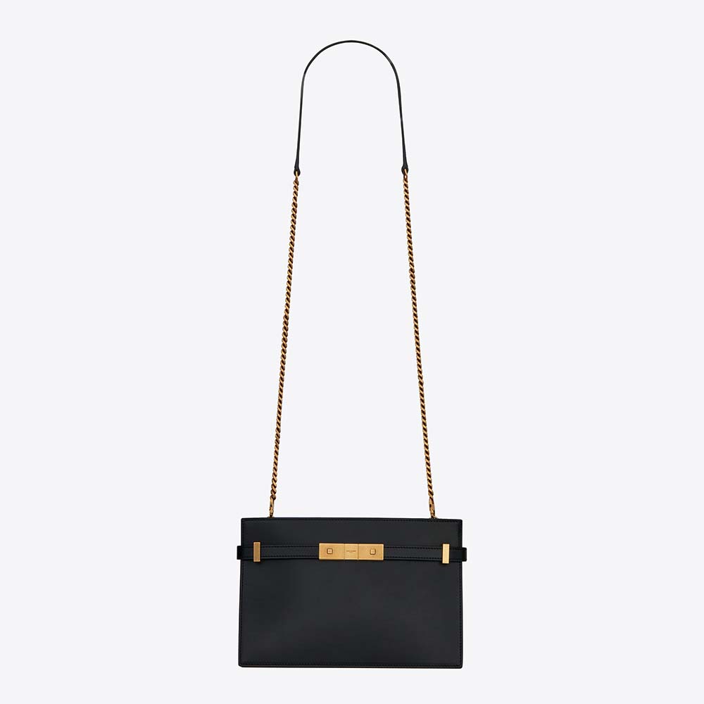 Front view of Saint Laurent YSL Women New Manhattan Pouch in black leather