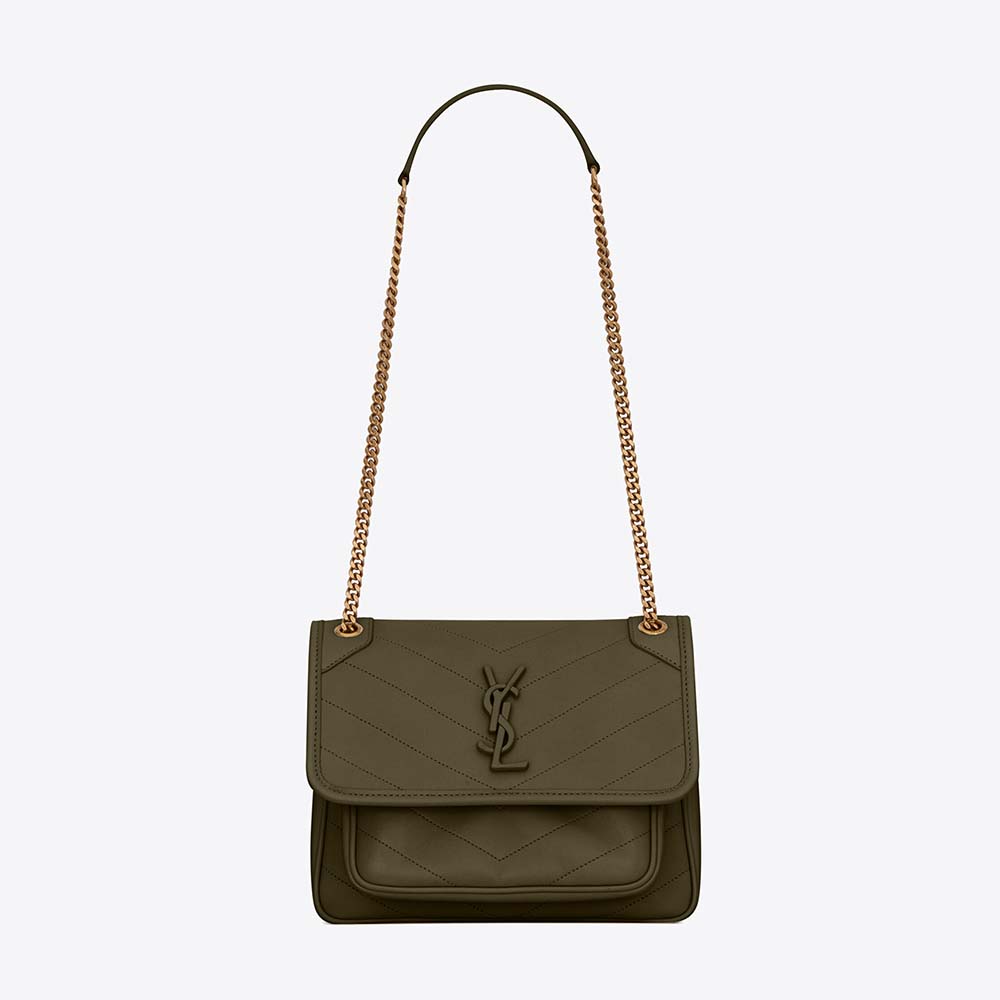 Front view of Saint Laurent YSL Women Niki Baby in Lambskin-Dark Green bag