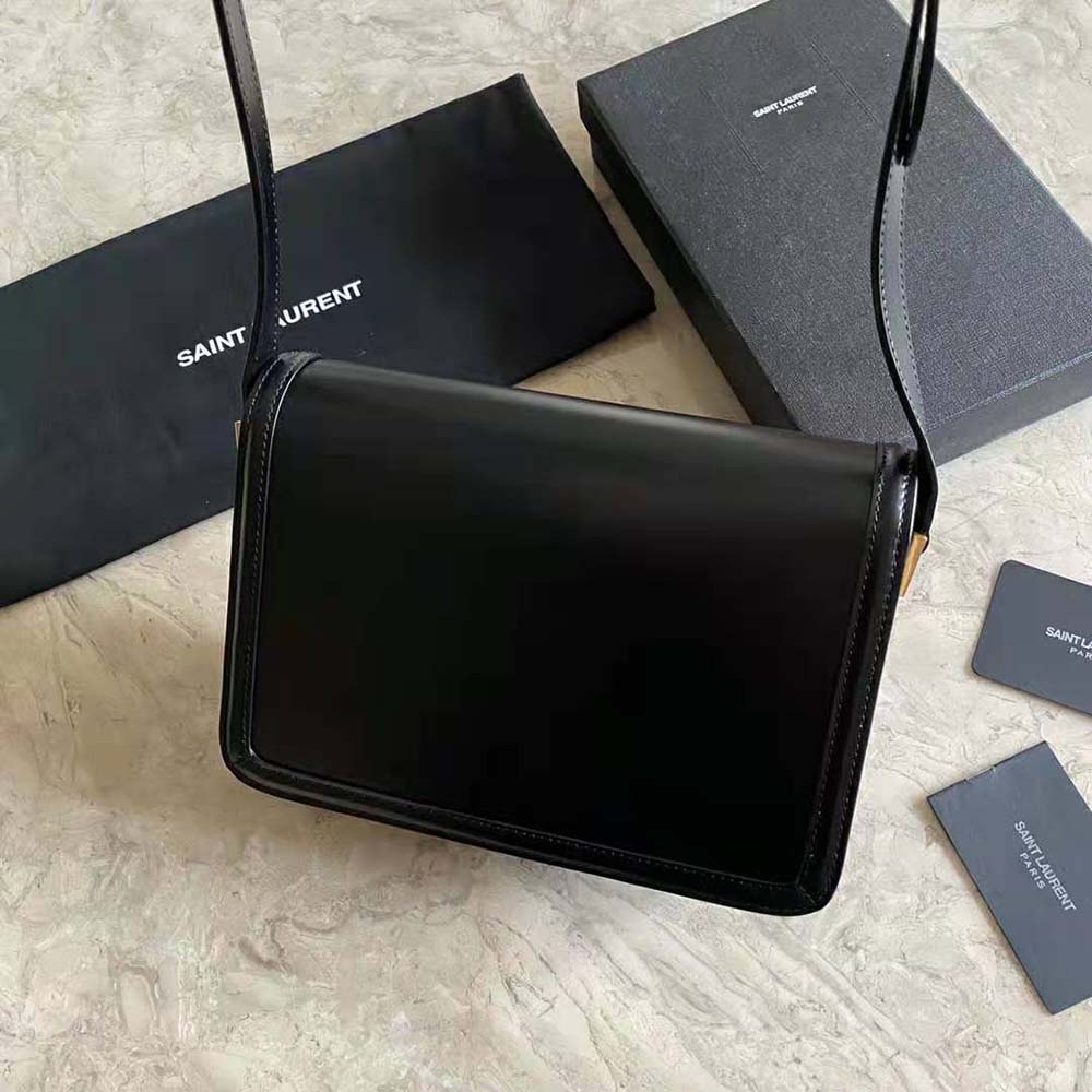 Side angle showing structured silhouette of Saint Laurent YSL Solferino Medium Satchel