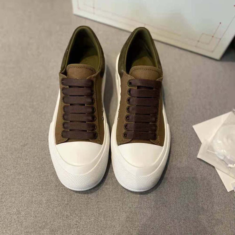 Close-up of lace-up detail on Alexander Mcqueen Women Deck Lace Up Plimsoll-Brown