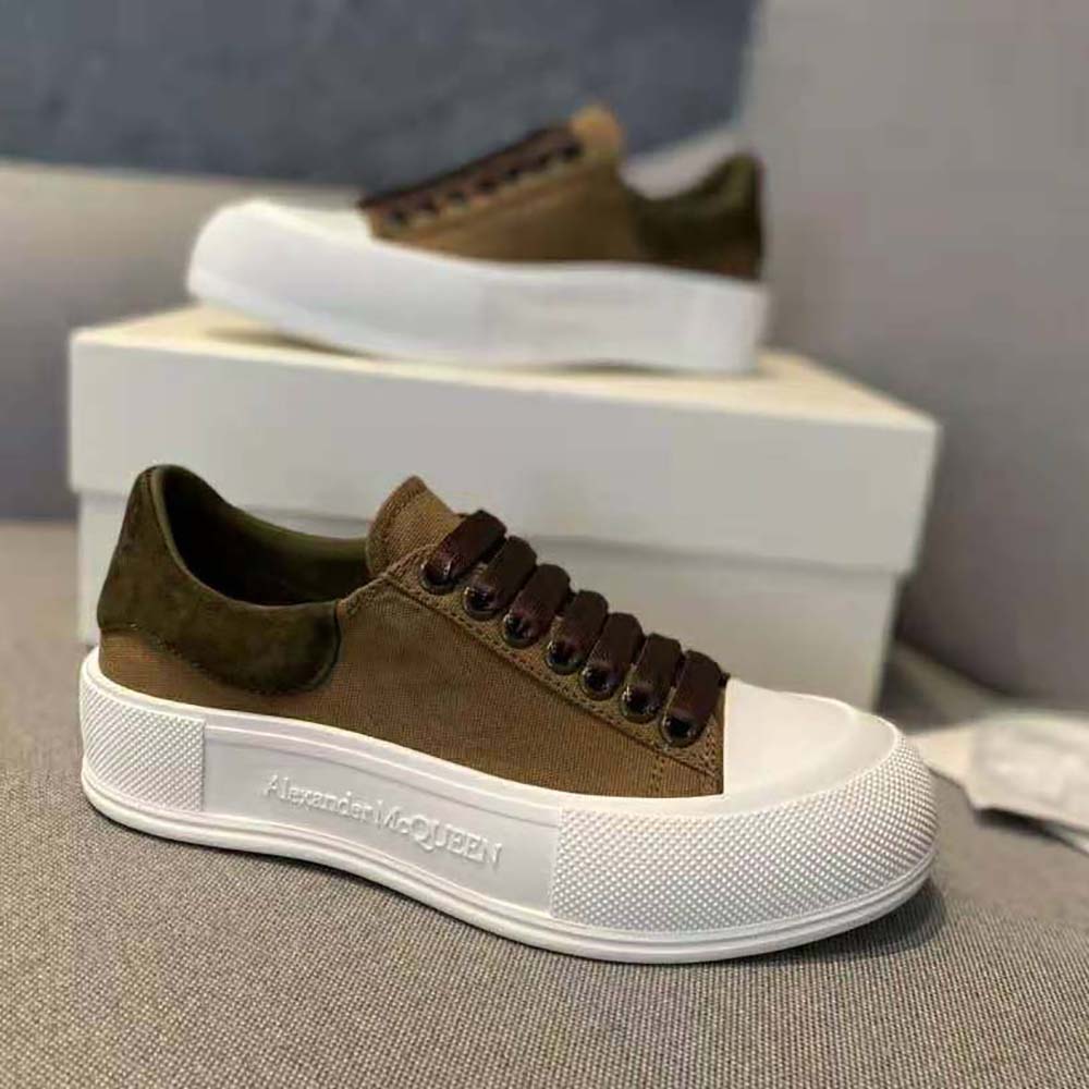 Rear angle showing branded heel tab on Alexander Mcqueen Women Deck Lace Up Plimsoll-Brown