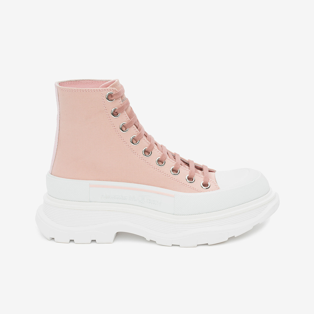 Side profile of Alexander Mcqueen Women Tread Slick Boot in pink leather