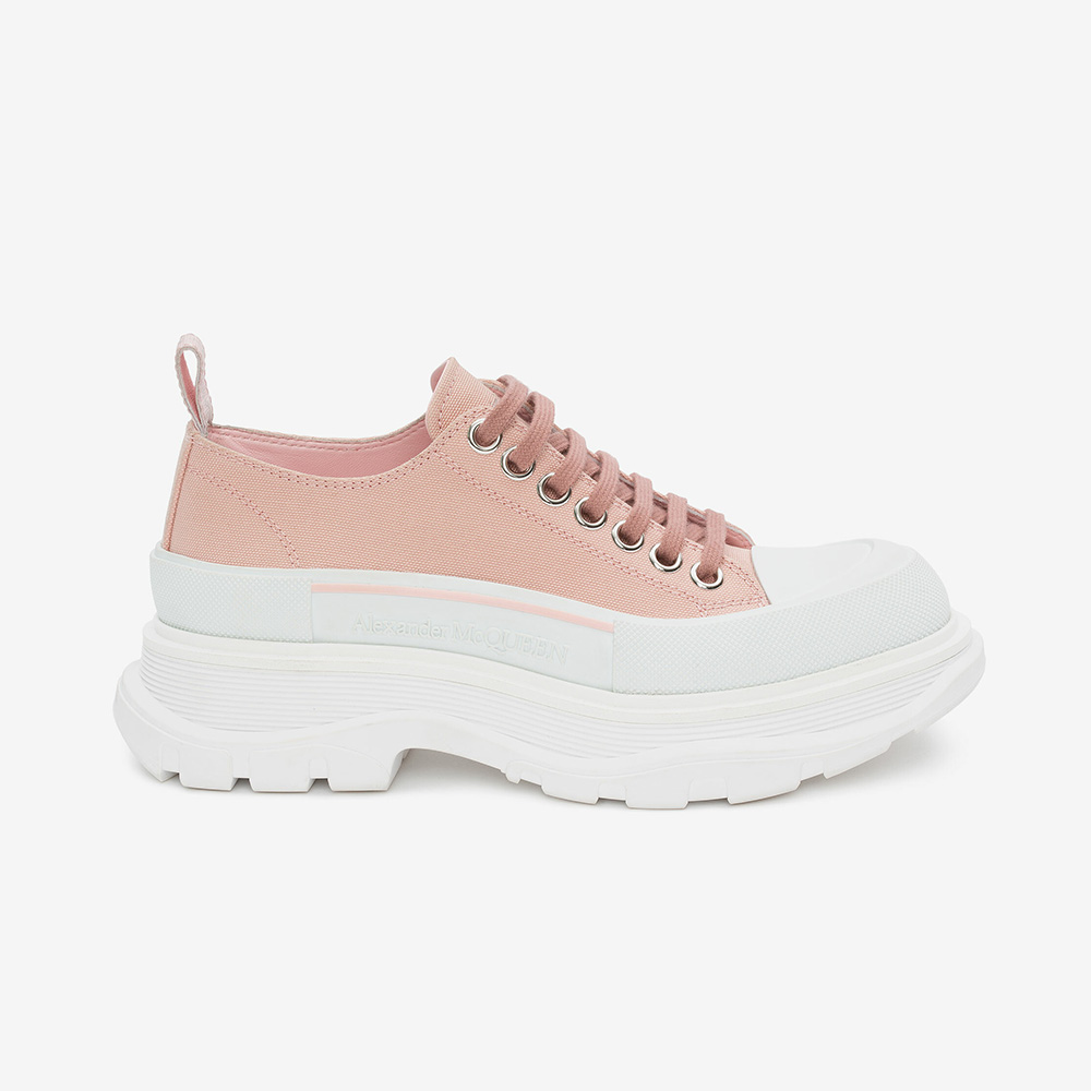 Side view of Alexander Mcqueen Women Tread Slick Lace Up pink sneaker