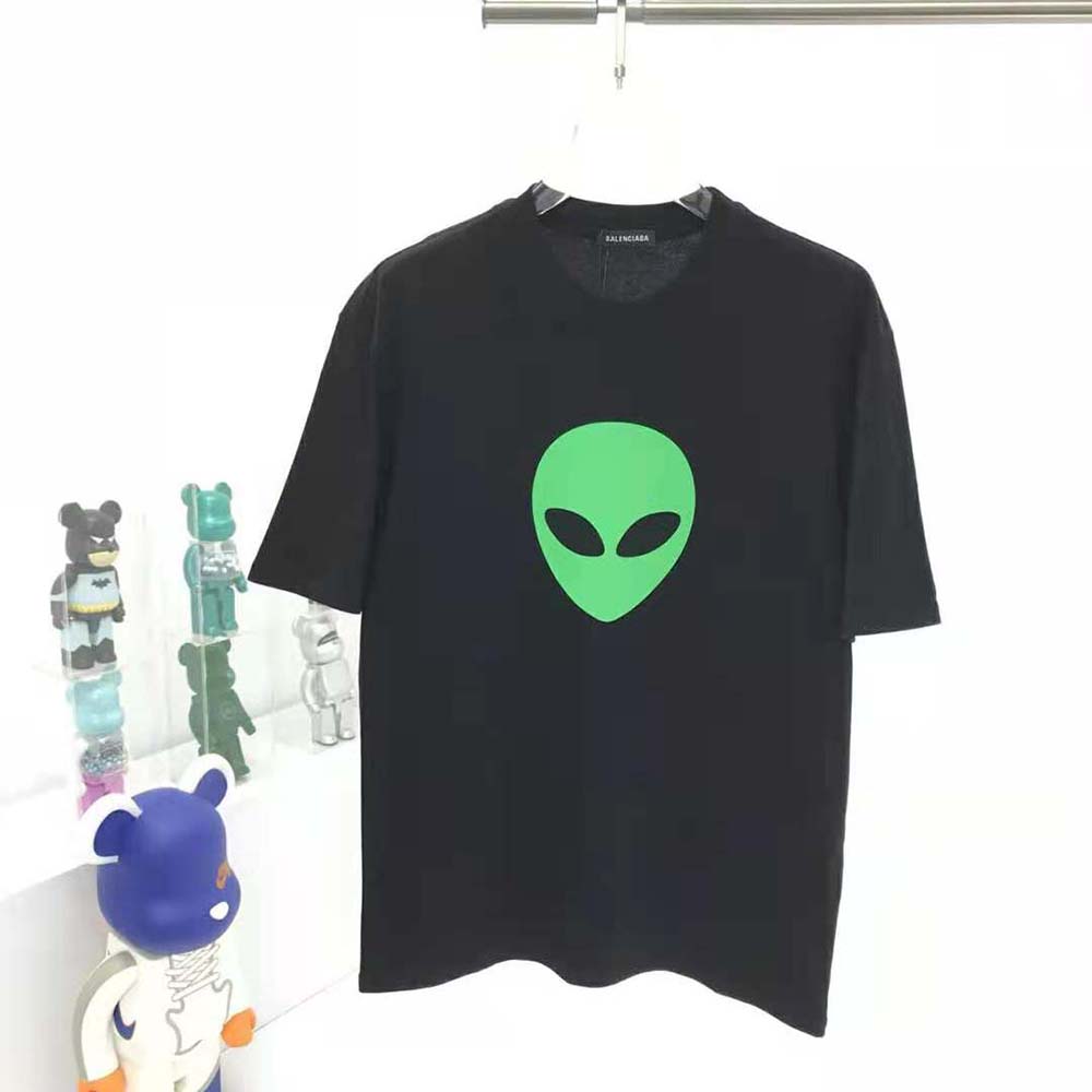 Close-up of Balenciaga logo detail on white vintage jersey T-shirt