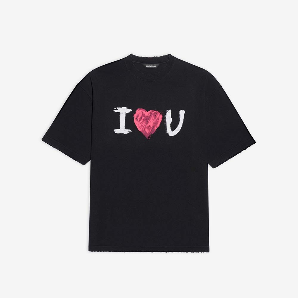 Front view of Balenciaga Women I Love U Medium Fit T-shirt black vintage jersey