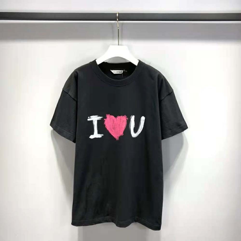 Close-up of black vintage jersey and printed logo on Balenciaga Women I Love U T-shirt