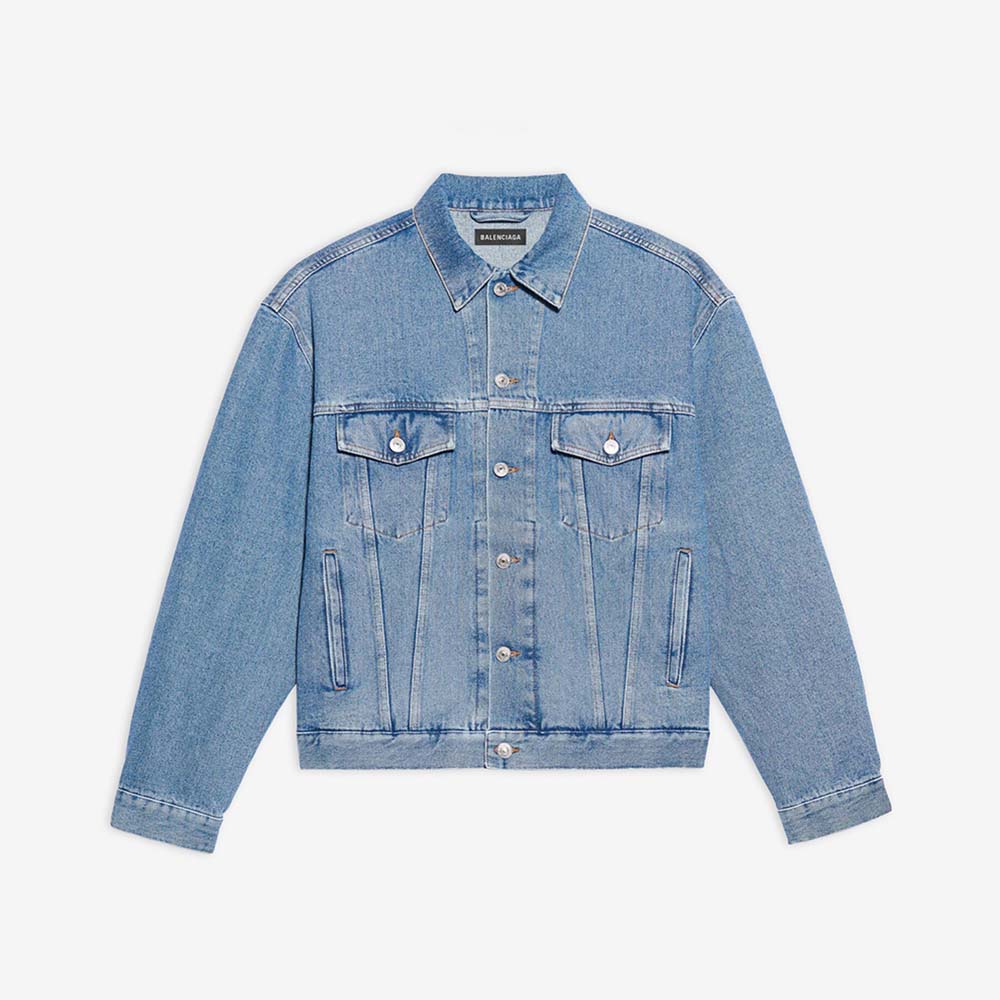 Front view of Balenciaga Women Large Fit Jacket in stonewashed blue denim