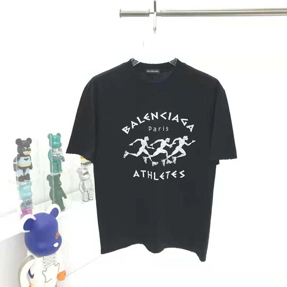 Close-up of black fabric and white logo on Balenciaga Women Marathon XL T-shirt